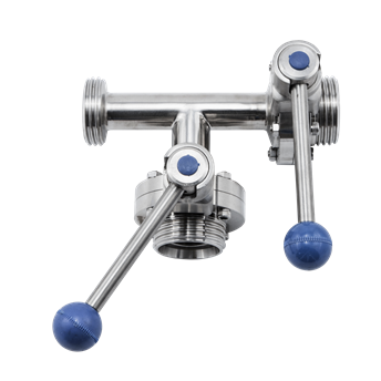 Клапан трёхходовой с 2-мя затворами нержавеющий 90 гр. правый DN100 M-M-M DIN 11851 AISI 316L/1.4404 (вкладыш SILICON)