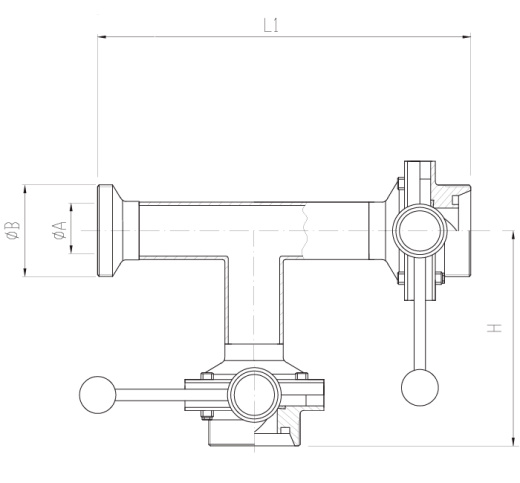 Клапан трёхходовой с 2-мя затворами нержавеющий 90 гр. правый DN80 M-M-M DIN 11851 AISI 304 (L)/1.4301 (7) (вкладыш SILICON)